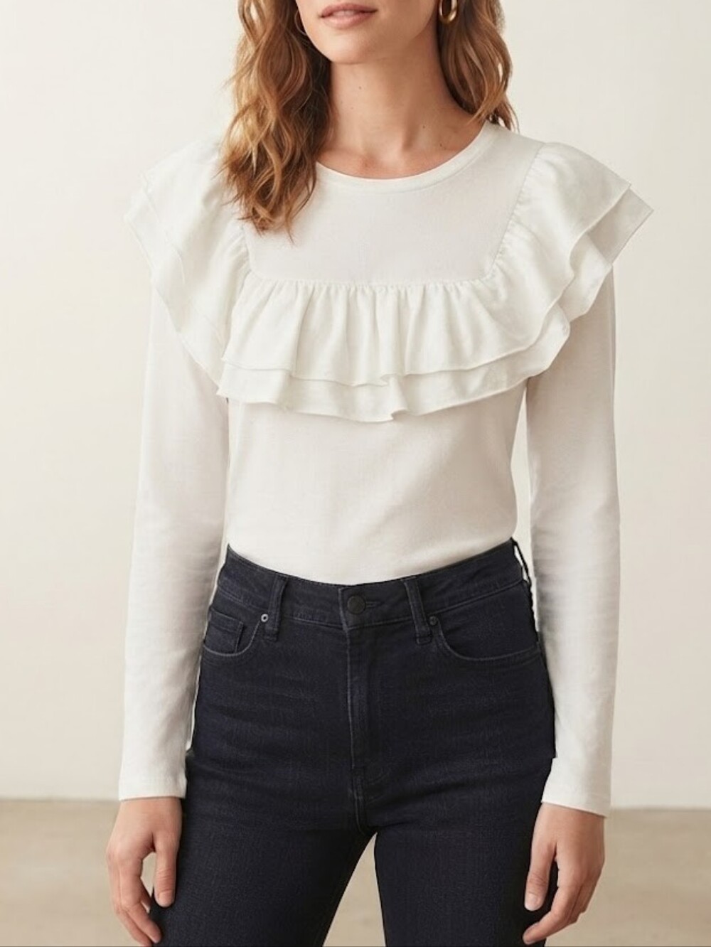 English Factory Ruffled Long-Sleeve Top In White Size Small